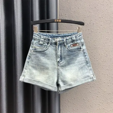 2024夏季新款洗水磨白时尚牛仔短裤女辣妹高腰显瘦卷边a字阔腿裤图片