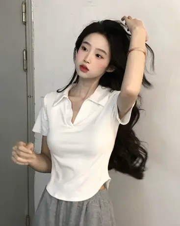 白色polo领短袖t恤女纯棉正肩夏季纯欲风小众设计感别致短款上衣商品大图