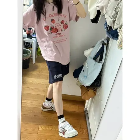 纯棉粉色设计感短袖t恤女夏季2023新款小众宽松半袖洋气减龄上衣商品大图