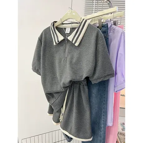 华夫格运动休闲polo衫套装女夏季2023新款宽松时尚短袖短裤两件套商品大图