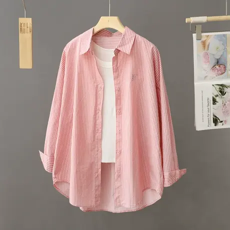 早春新款衬衣上衣粉色条纹衬衫女2024爆款装长袖慵懒风外套宽松潮图片