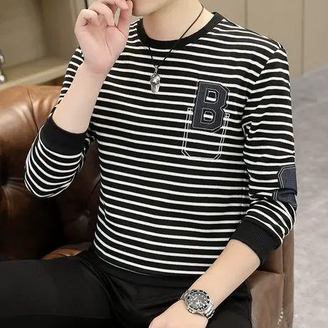 2023秋季条纹长袖T恤男韩版潮流刺绣休闲百搭青年秋衣打底衫卫衣商品大图