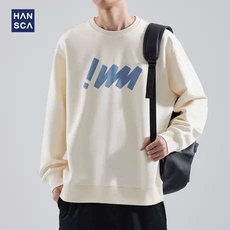 hansca春季新款美式重磅圆领卫衣男潮牌字母印花宽松套头无帽上衣商品大图