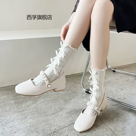 春夏季薄款蝴蝶结袜子女士日系镂空JK洛丽塔lolita木耳花边中筒袜商品大图