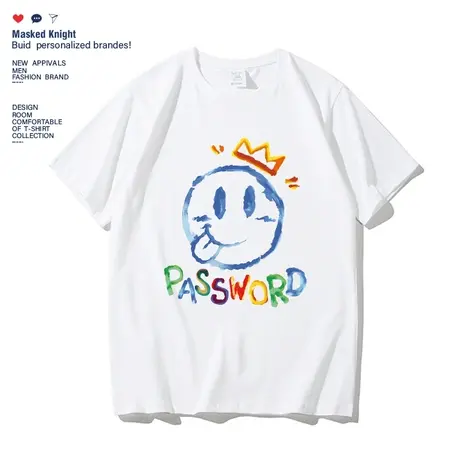 港风潮牌涂鸦笑脸印花夏季新款短袖t恤男宽松休闲纯棉学生体恤图片