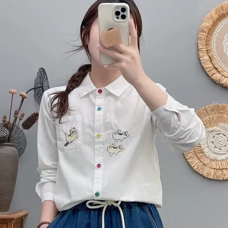 春秋新款学院风文艺可爱刺绣软妹纯棉长袖衬衫女宽松百搭打底上衣商品大图