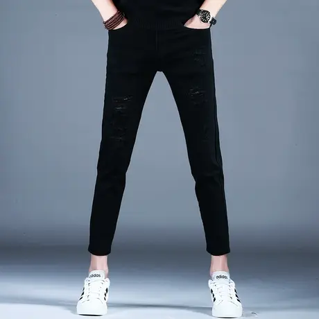 简约黑色修身破洞九分小脚裤2023春季常规新款裤子棉弹男潮牌百搭商品大图