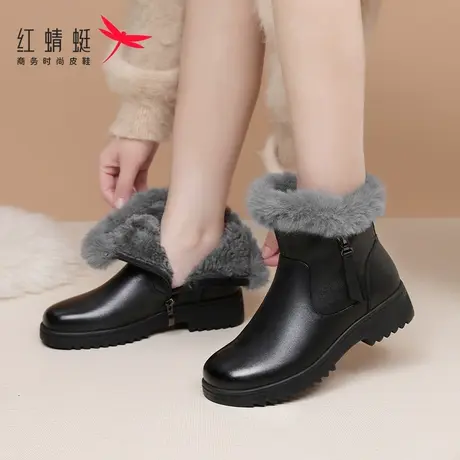 红蜻蜓冬季靴子东北棉鞋女加绒保暖加厚全牛皮短靴真皮妈妈鞋皮靴商品大图