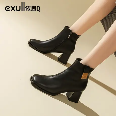 依思q法式小短靴及踝靴高级感2023年新款秋冬高跟鞋粗跟靴子短靴图片
