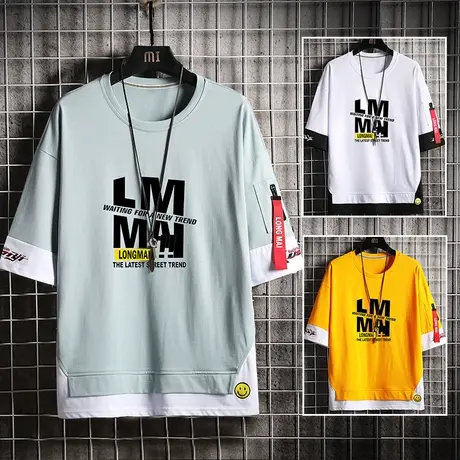 短袖t恤男士夏季2023新款ins潮牌潮流宽松纯棉衣服半袖体桖假两件商品大图