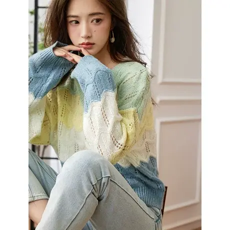 时尚气质宽松条纹V领长袖毛衣2023年早秋新款女温柔显瘦通勤上衣商品大图