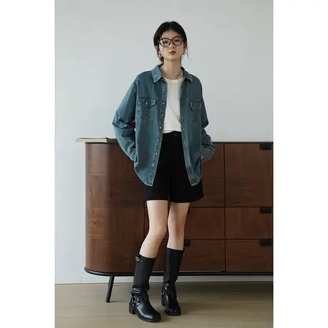 嘉茱莉2023秋冬新款廓形牛仔衬衫女1OO棉牛仔外套宽松休闲上衣商品大图