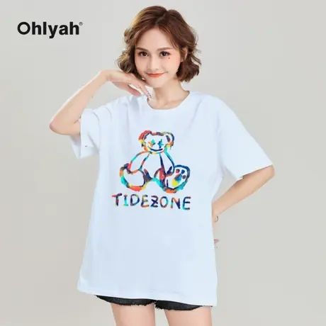 Ohlyah潮牌卡通涂鸦彩色小熊T恤女宽松短袖上衣学生休闲班服定制商品大图