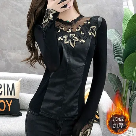 加绒加厚打底衫女春秋新款蕾丝拼接PU皮T恤女长袖时尚洋气上衣潮商品大图