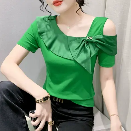 欧货性感露肩短袖T恤女设计感拼色蝴蝶结上衣时尚斜领修身小衫夏商品大图