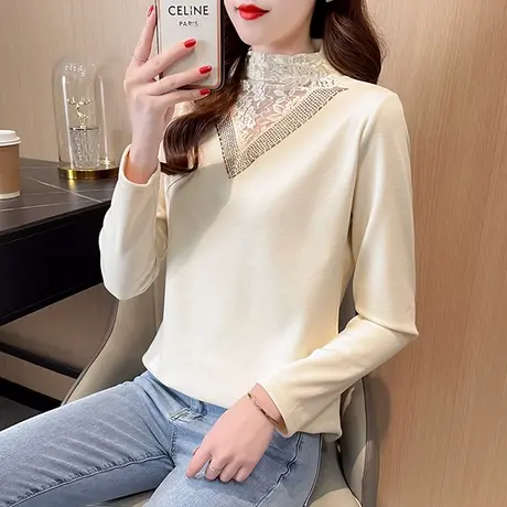 德绒打底衫女内搭秋冬洋气蕾丝领2023年新款长袖t恤女设计感小众商品大图