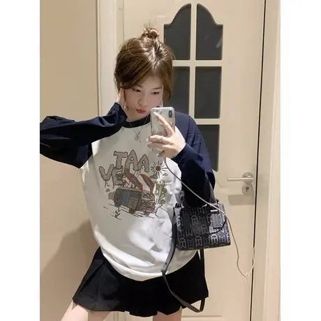 圆领插肩拼接长袖T恤女撞色百搭上衣打底衫宽松百搭纯棉小众爆款商品大图