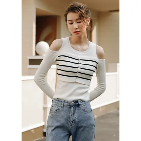 弥古法式假两件露肩针织衫小众设计感条纹t恤女秋季长袖挖肩上衣图片