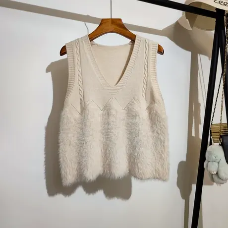 针织背心马甲女秋冬新款韩系宽松v领毛绒绒拼接无袖毛衣坎肩外穿商品大图