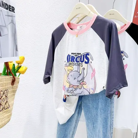 韩国东大门拼色短袖上衣2023夏款chic港风小象纯棉T恤宽松欧货潮商品大图