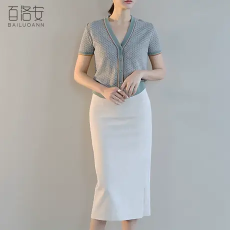 百洛安撞色V领短袖针织衫夏装新款时尚女装外搭气质薄T恤开衫上衣商品大图