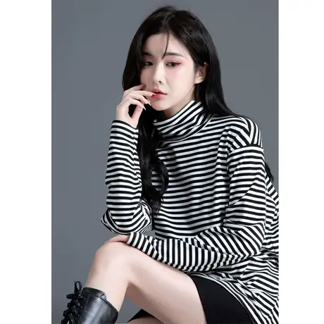 高领德绒打底衫女秋冬天加厚外穿内搭长袖黑白条纹t恤中长款上衣商品大图