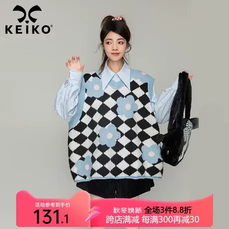KEIKO 时髦格纹提花针织衫马甲2023秋季叠穿外搭宽松毛衣背心马夹商品大图