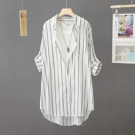 薄款条纹长袖衬衫防晒衫女夏季中长款防晒衣沙滩休闲外搭开衫上衣商品大图
