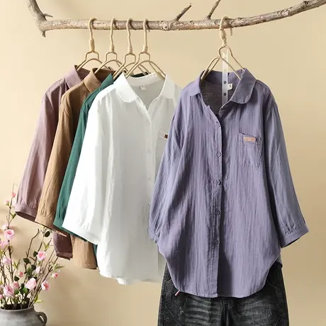 夏季韩版简约复古百搭双层纱纯棉七分袖衬衫女宽松休闲衫中袖上衣图片