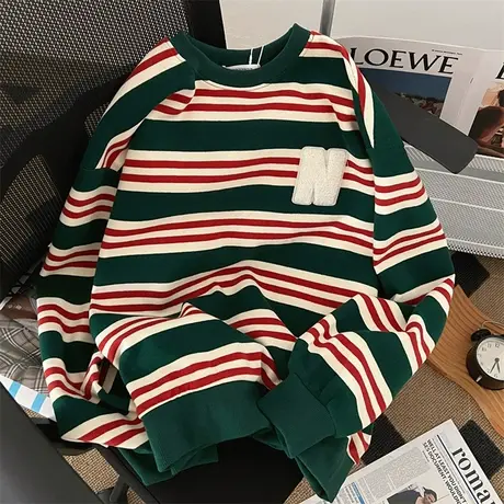 条纹纯棉卫衣女春秋薄款宽松韩版潮牌ins上衣美式复古hiphop外套商品大图