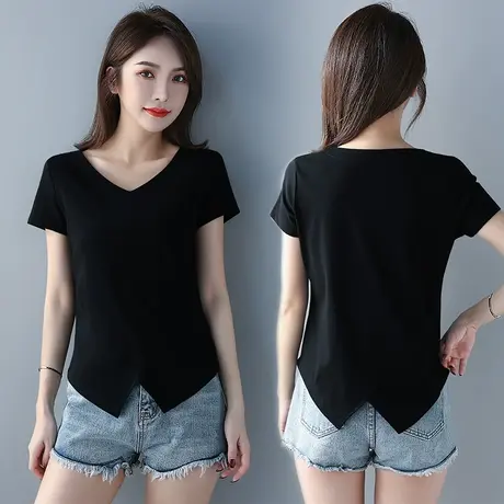 别致漂亮不规则开叉v领短袖t恤女款夏季新款上衣时髦时尚洋气丅桖图片