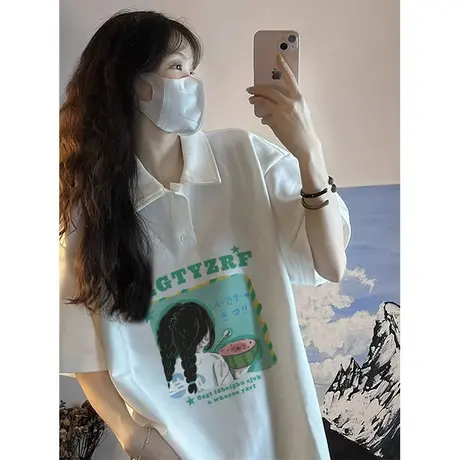 纯棉polo衫设计感短袖t恤女夏季新款小众宽松显瘦遮肉上衣服潮牌商品大图