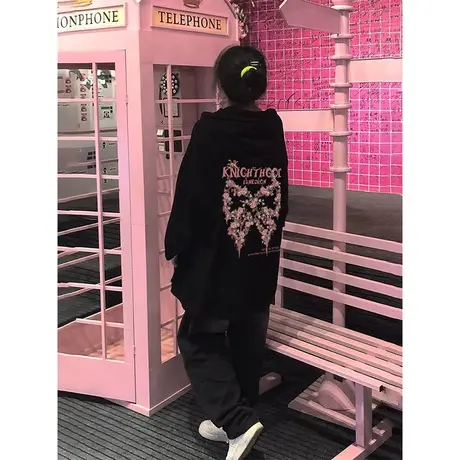 欧美复古连帽卫衣女秋冬季oversize宽松外套ins潮牌小众高街上衣商品大图