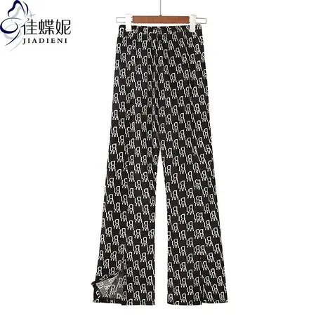 春夏新款宽松松紧腰印花气质休闲高腰喇叭开叉小个子长裤女下装图片