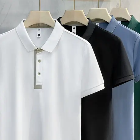 商务通勤翻领短袖POLO衫男2023夏季新款潮牌休闲上衣丝光棉T恤男商品大图