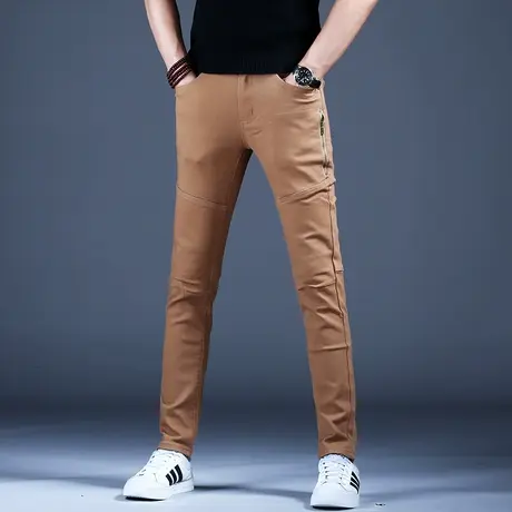 个性拉链拼接卡其色牛仔裤男款修身小脚2023秋款弹力百搭休闲裤子图片