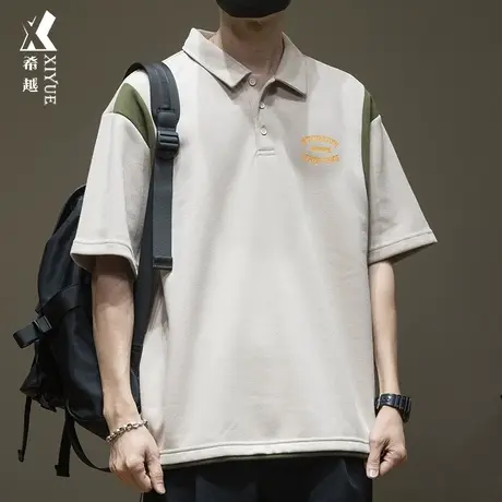 夏季美式重磅250gPolo衫短袖男拼接撞色翻领衬衣大码休闲通勤t恤图片