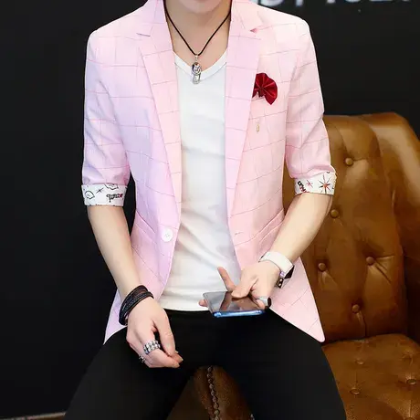2021春夏韩版潮流七分袖西服男士英伦格子小西装青年修身中袖外套商品大图