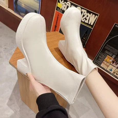 粗跟瘦瘦小短靴女靴子2023新款春秋小众设计感网红百搭单靴及踝靴商品大图