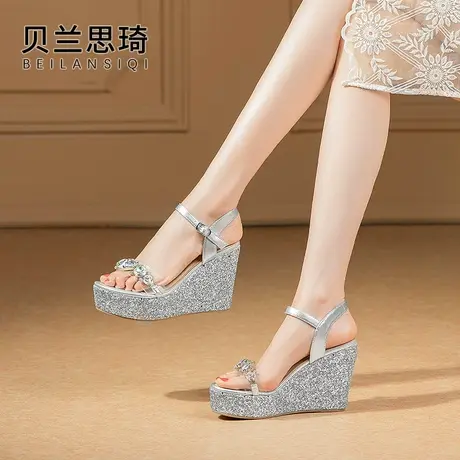 真皮水钻透明一字带厚底坡跟凉鞋女2023夏季新款防水台高跟凉鞋商品大图