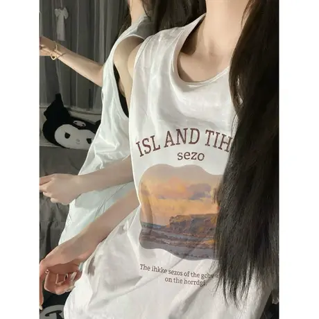 纯棉港风吊带坎肩背心无袖t恤女夏季设计感小众外穿宽松挂脖上衣商品大图