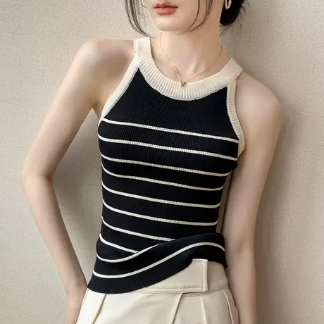 美式条纹挂脖式背心女夏季美背修身辣妹冰丝薄款开衫内搭透气上衣商品大图
