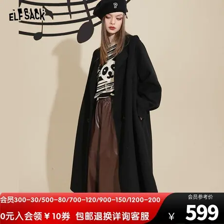 妖精的口袋中长款黑色毛呢大衣女2022秋冬季新款小个子高级感外套商品大图