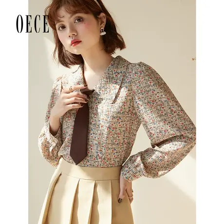 Oece法式印花衬衫20春秋新款女装复古设计感小众长袖衬衣图片