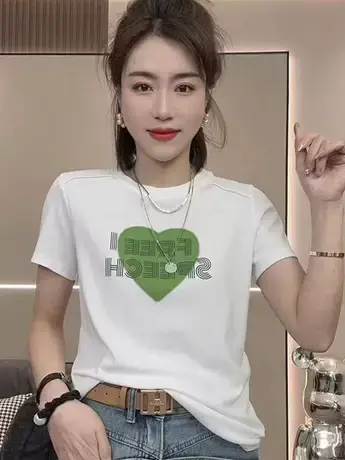 2023新款爆款t恤女短袖夏季法式甜美正肩胖mm遮肚子宽松显瘦上衣图片