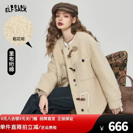 妖精的口袋复古粗花呢牛角扣大衣女2023冬季新款设计感毛呢外套图片