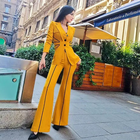 VJE职业女裤套装秋季新款时尚修身小西装外套喇叭裤两件套图片