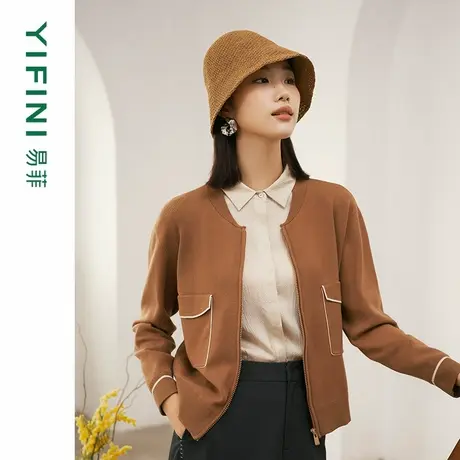 [专柜同款]Yifini/易菲简约百搭通勤圆领短款针织毛织外套女秋新商品大图