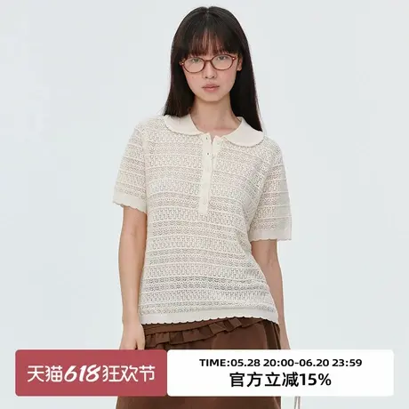 omont蛋挞家复古镂空钩花轻薄短袖上衣2025夏季宽松设计感针织T恤商品大图