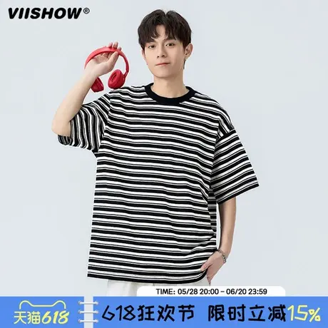VIISHOW潮牌日系黑白条纹圆领短袖T恤男女夏季宽松情侣百搭上衣商品大图